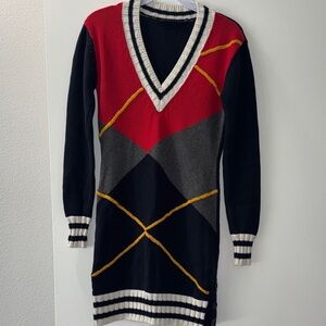V-Neck Argyle Knit Sweater Dress - Red, Black, Gray Lamb Wome Long Sleeve top